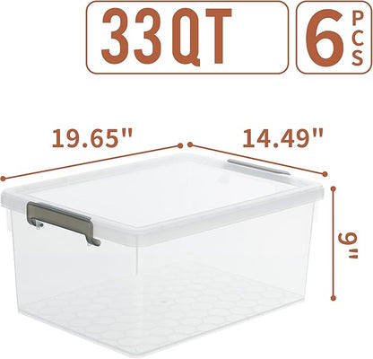 Citylife 33 QT 6 Packs Plastic Storage Bins with Lids and Secure Latching Buckles Clear Stackable Storage Containers for Organizing Durable Storage Box