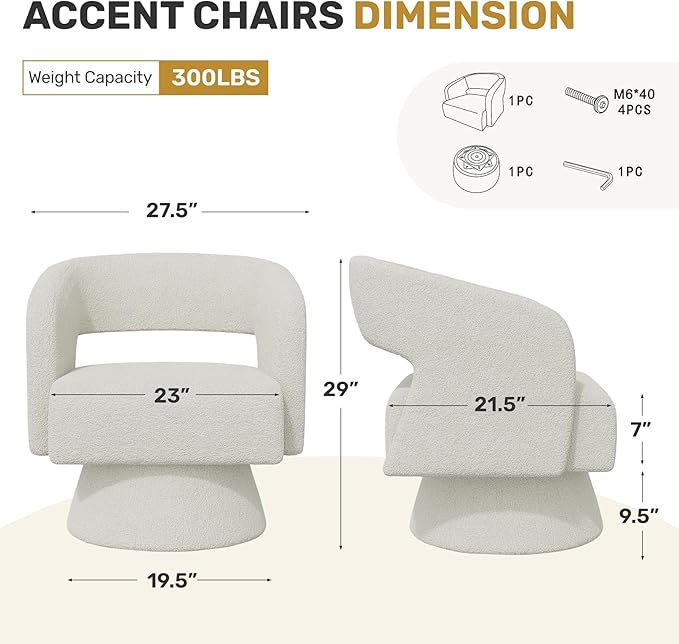 Swivel Accent Chair, Modern Comfy Teddy Barrel Chairs, Oversized Upholstered Round Arm Chair for Living Room, Bedroom, Reading Room, White, 1 PCS