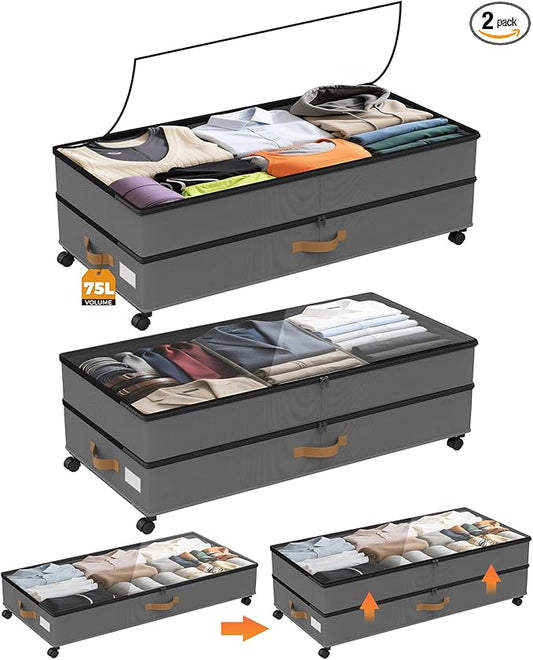 Under Bed Storage with Wheels 2-Pack, 75L XXL Under the Bed Storage Containers Large, 12" Tall Adjustable Storage for Underbed with Lids, Rolling for Shoes, Clothes, Blankets (Grey)
