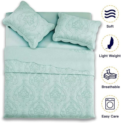 CHIXIN Oversized King Bedspread 128x120 Extra Wide - Lightweight Bedding Cover - Beautiful Stitching - 5 Piece Reversible Bedspread - Gorgeous Damask Paisley Pattern (King/Cal King, Seaglass)