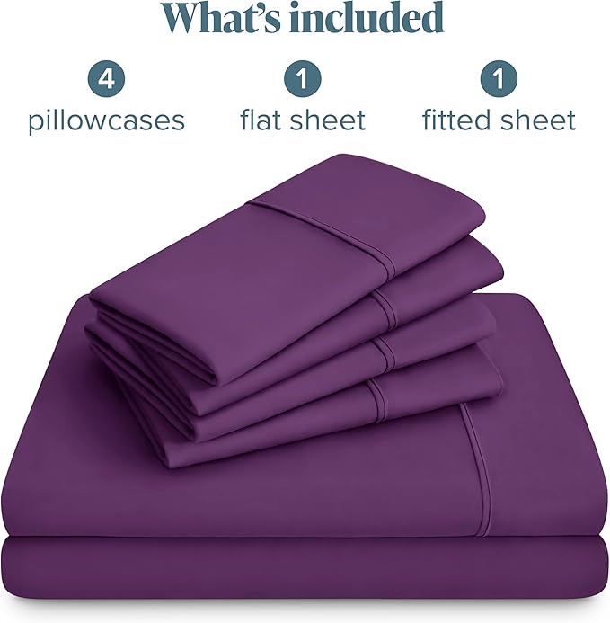 Bare Home Hotel Luxury King Sheet Set, Extra Soft - 6 Piece Set - Deep Pockets - Easy Fit - Cooling & Breathable - Wrinkle, Fade, Stain Resistant - Includes 4 Pillowcases (King, Plum)