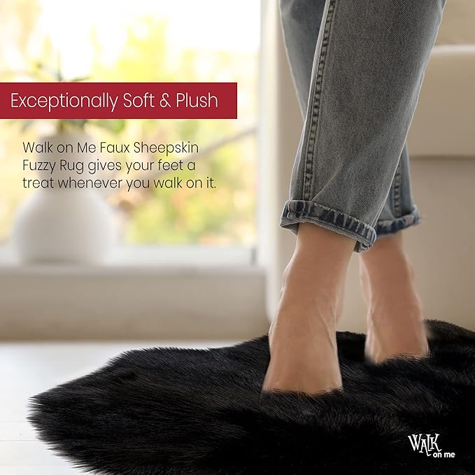 Silky Soft Faux Fur Rug, 5 ft. x 7 ft. Black Fluffy and Shaggy Sheepskin Area Carpet for Living Rooms, Bedroom, Kid's Room, or Nursery, Home Décor Accent, Machine Washable with Non-Slip Backing