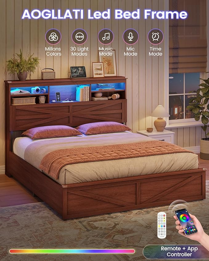AOGLLATI Farmhouse Full Size Bed Frame with Lift Up Storage & Hidden Bookcase Storage Headbord, Wood Bed Frame Full with Charging Station, Led Lights, No Box Spring Needed, Brown