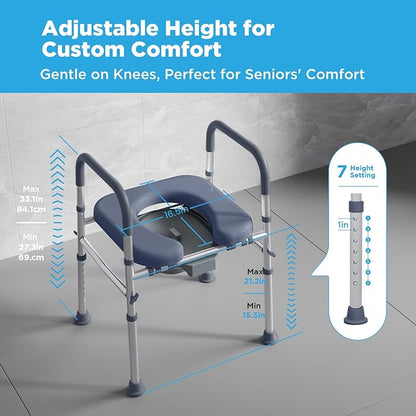 Bedside Commode for Seniors, FSA/HSA Eligible Bedside Toilet with Adjustable Width and Height, 400 LBS Weight Capacity, 16.5 Inch Extra Large Soft Seat Plate