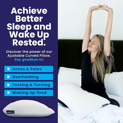 Sidney Sleep Adjustable Curved Contour Fill Pillow – Queen Size – for Side and Back Sleepers – Neck & Shoulder Comfort Support – Extra Fill Included (White)