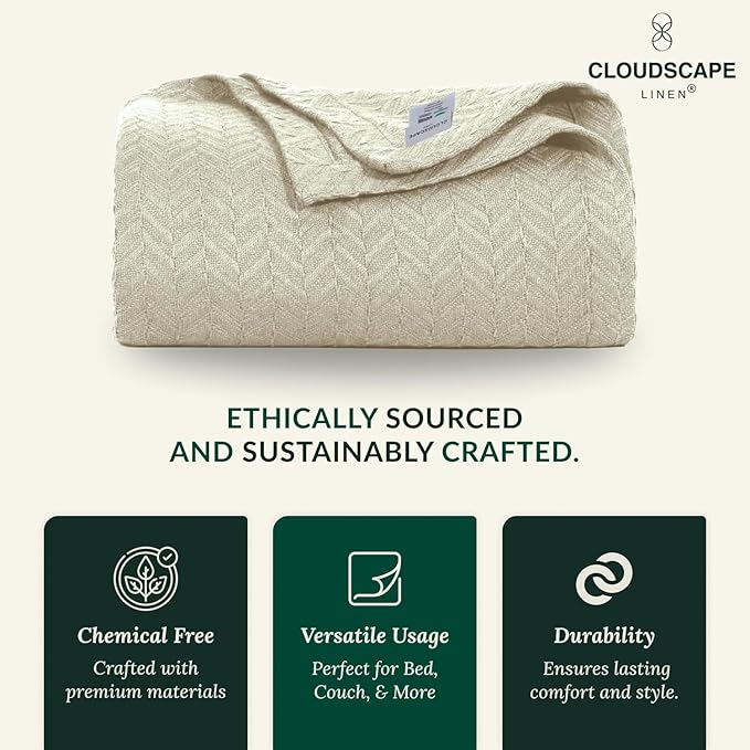 Cloud Scape Linen 100% Cotton Blanket King 92x108 Fog - Cozy Herringbone Weave, Fits Up to Cal King Beds, Breathable Softness, All-Season Warmth, Heavy Layering Winter Blanket