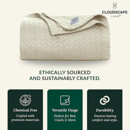 Cloud Scape Linen 100% Cotton Blanket 92x92 Fog - Cozy Herringbone Weave, Fits Up to for Full Size Beds, Breathable Softness, All-Season Warmth, Winter Blanket, for Women