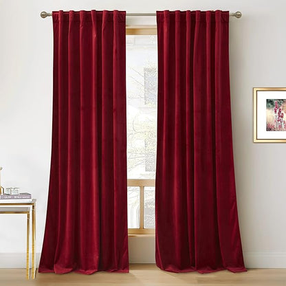 RYB HOME Red Velvet Curtains 80 inches, Back Tab Soft Fabric Room Darkening Thermal Insulated Luxurious Home Decor Curtains for Living Room Bedroom, W 52" x L 80", 2 Panels Set