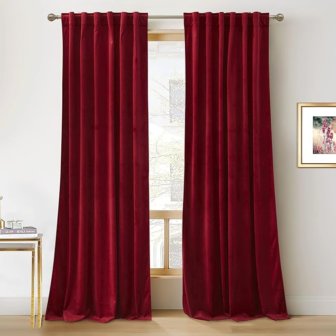 RYB HOME Red Velvet Curtains 92 inches, Back Tab Soft Fabric Room Darkening Thermal Insulated Luxurious Home Decor Curtains for Living Room Bedroom, W 52" x L 92", 2 Panels Set