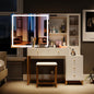 Vanity Set with Lighted Mirror and Charging Station, Extra Large Mirror Makeup Vanity Table with Cushioned Stool,5 Drawers, Modern Vanity Table with Nightstand