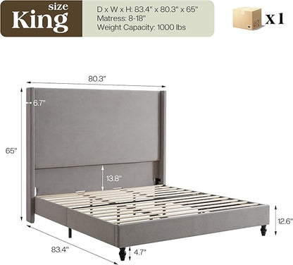 King Bed Frame with 65" Tall Headboard, Horizontal Fine Corduroy Bed Frame with Wingback, Upholstered Platform Bed, Vintage Solid Wood Gourd Legs, No Box Spring Needed, Gray