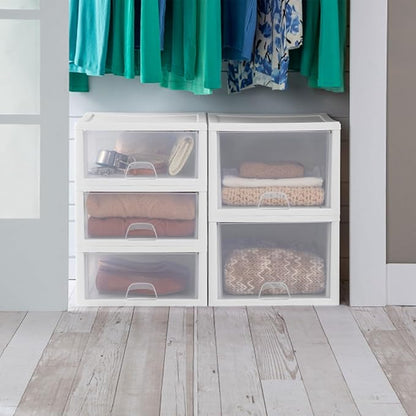 Sterilite 12-Pack 27 Quart Stacking Drawer, Clear Storage Closet Organizer, White Frame - Stackable Modular Plastic Drawers for Clothes, Accessories, Craft Supplies, Shoes or Linens