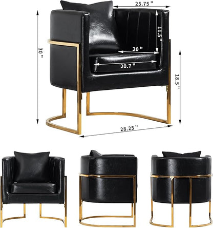 Modern Leather Accent Chairs Set of 2, Mid Century Upholstered Barrel Armchair with Pillow for Living Room, Comfy Single Vanity Chair with Metal Gold Legs for Bedroom, Black