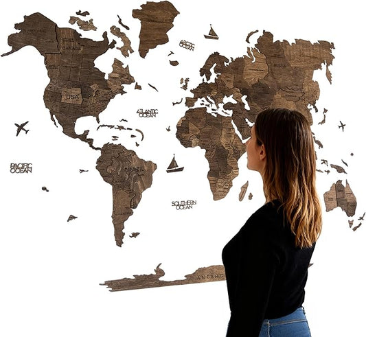 Handmade 3D Wood World Map Wall Art Large Wall Decor Track Your World Travels - Special for Home, Kitchen and Office (Medium, Walnut)