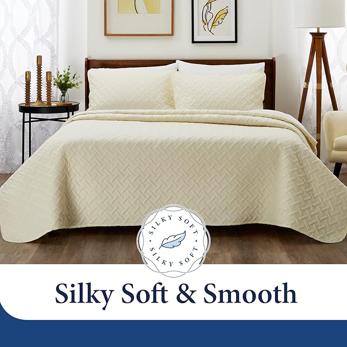 Cosy House Collection Luxury Rayon Derived from Bamboo 3-Piece Quilt Set - Ultra Soft Quilted Coverlet Bedspread - Classic Weave Stitch - Includes Quilt and 2 Pillow Shams (Full/Queen, Grey)