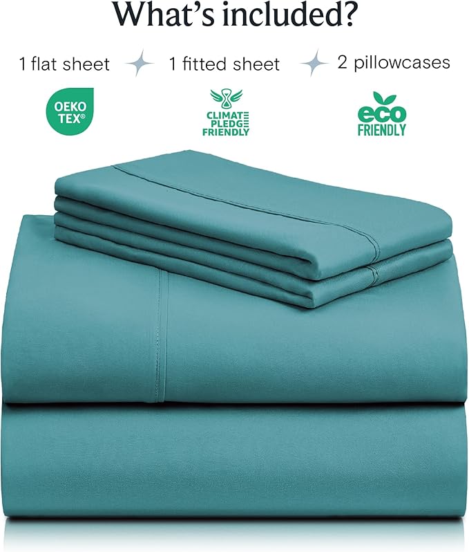 LuxClub 4 PC Queen Sheet Set, Deep Pockets Wrinkle Free Cooling Bed Sheets Hotel Bedding for Women, Men, Includes 1 Fitted Sheet, 1 Flat Sheet and 2 Pillowcases-Silky Soft Teal