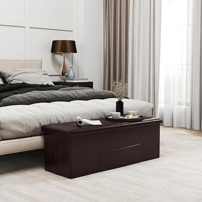 Giantex 43 Inches Folding Storage Ottoman Bench, Upholstered PU Leather Storage Chest with Side Pocket, Padded Seat, End of Bed Bench, Collapsible Ottoman Foot Rest for Living Room, Bedroom & Entryway