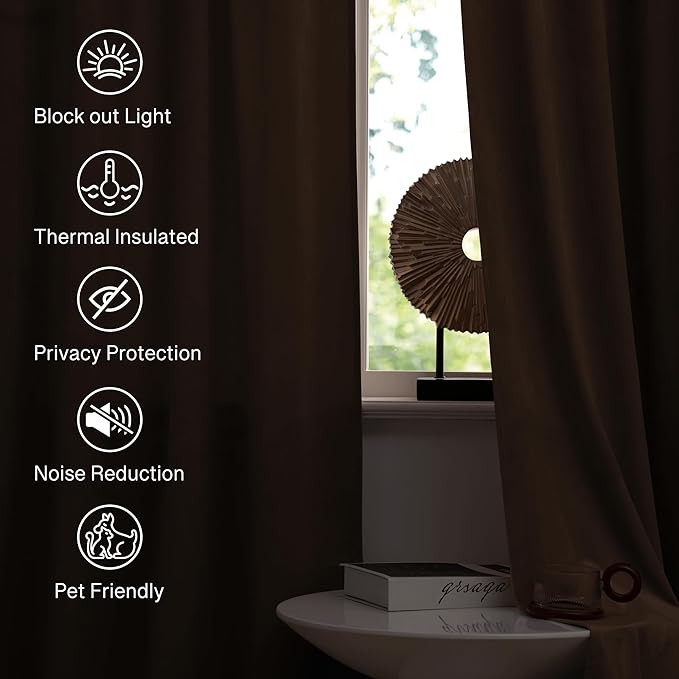 StangH Brown Blackout Velvet Drapes for Living Room 96 inches Long Luxury Home Decor Heat & Sound Reducing Energy Smart Curtains for Bedroom, W52 x L96, 2 Panels