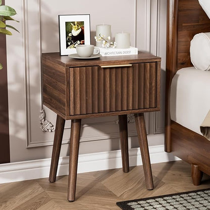 VINGLI Night Stand, Fluted Nightstand Wood, Mid Century Modern Nightstand for Bedroom, Bedside Table, Wood Side Table, Small Night Stand Walnut, 15.75" W*11.81" D*21.85" H