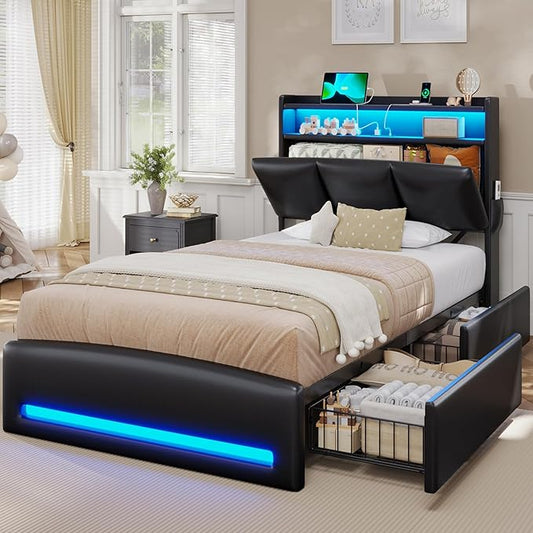 VIAGDO Twin Bed Frames with Storage Headboard and Charging Station, Leather Upholstered Bed Frame Twin Size with 4 Drawers and LED Lights, Type C and USB, No Box Spring Needed, Black