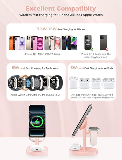 2025 3 in 1 Wireless Charging Station for Apple MagSafe Charger, 15W Fast Mag-Safe Charger Stand for iPhone 17 16 15 14 13 12 Apple Watch AirPods Compatible with MagSafe, Pink