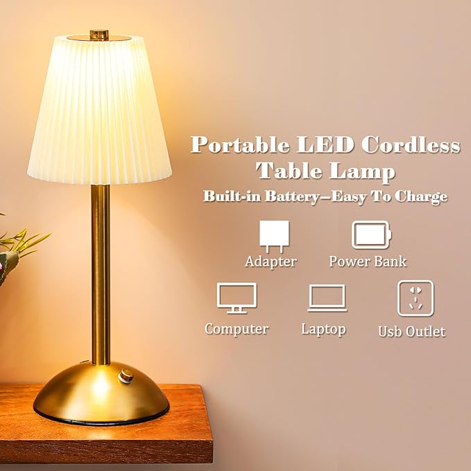 Liliful 4 Pcs Cordless Table Lamp Rechargeable Touch LED Small Gold Portable Battery Operated USB-c Desk Lamp 3 Color Dimmable for Bedroom Living Room Dining (Gold,Beige Cloth Style)