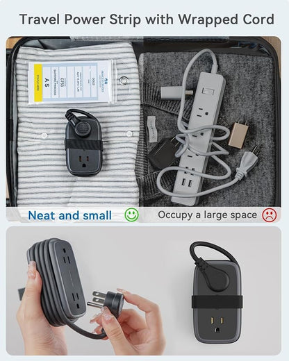 Travel Power Strip with USB Ports, NTONPOWER 4ft Flat Plug Wrapped Around Short Extension Cord with 4 Outlets 3 USB Ports, Compact for Cruise Travel Essential Hotel Home Office, Black