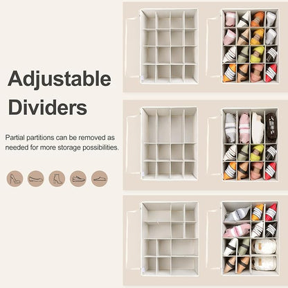 Shoe Organizer for Closet 2 Pack, Foldable Shoe Box with Adjustable Dividers and Clear Cover, Space Saving Shoe Storage Organizer Cabinet with Reinforced Handles, Fits 32 Pairs Beige TP12Y