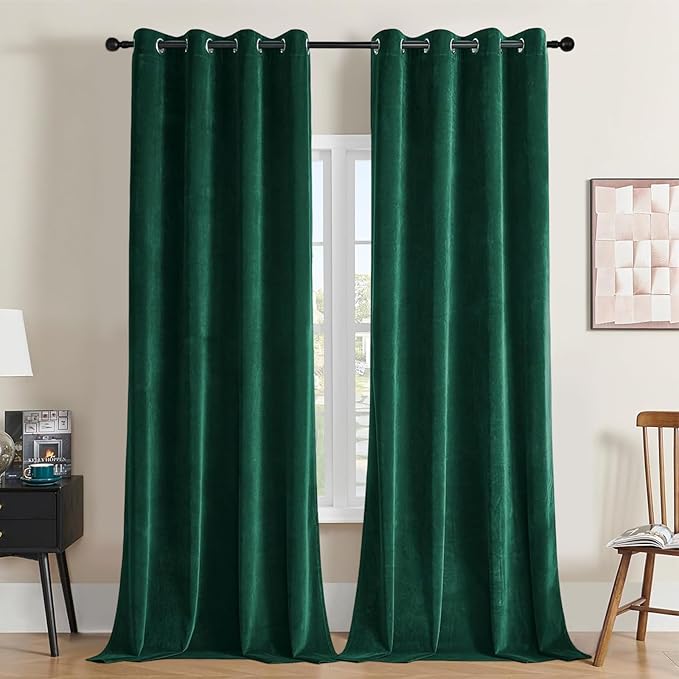 Joydeco Dark Green Velvet Curtains 63 Inches Long, Luxury Grommet Blackout Curtain 2 Panels, Thermal Insulated Privacy Room Darkening Window Drapes for Bedroom Living Room Home Theatre (52Wx63L)