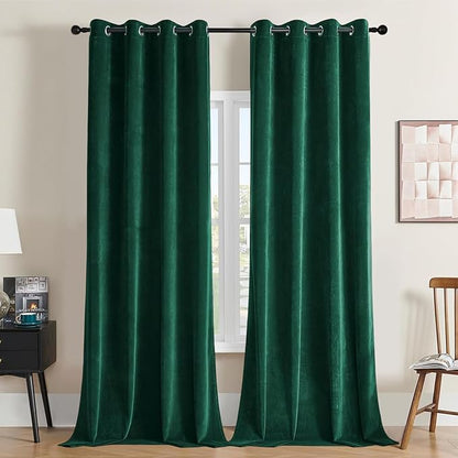 Joydeco Dark Green Velvet Curtains 63 Inches Long, Luxury Grommet Blackout Curtain 2 Panels, Thermal Insulated Privacy Room Darkening Window Drapes for Bedroom Living Room Home Theatre (52Wx63L)