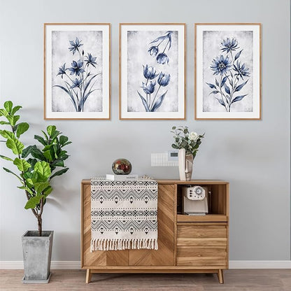 LHIUEM Navy Blue and Grey Flower Framed Canvas Wall Art Set,Modern Botanical Plant Wall Decor,Neutral Wildflower Painting,Watercolor Aesthetic Floral Artwork for Living Room,Bedroom,Office-16''x24''x3