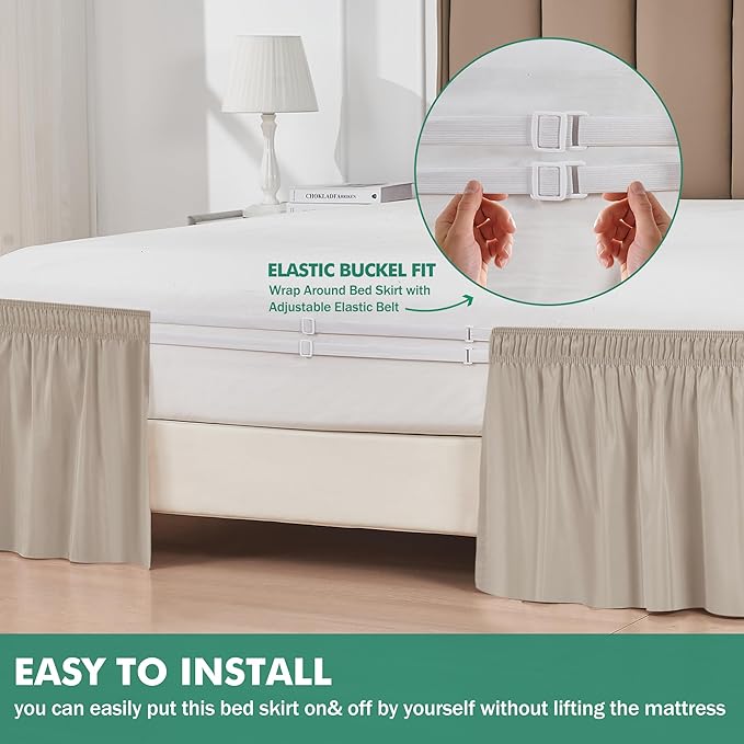 Biscaynebay Wrap Around Bed Skirts with Split Corners for Queen Beds 14" Drop, Light Camel Elastic Dust Ruffles Adjustable Easy Fit Wrinkle & Fade Resistant Silky Luxurious Fabric Machine Washable