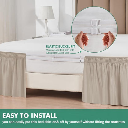 Biscaynebay Wrap Around Bed Skirts with Split Corners for Queen Beds 17" Drop, Light Camel Elastic Dust Ruffles Easy Fit Wrinkle & Fade Resistant Silky Luxurious Fabric Solid Machine Washable