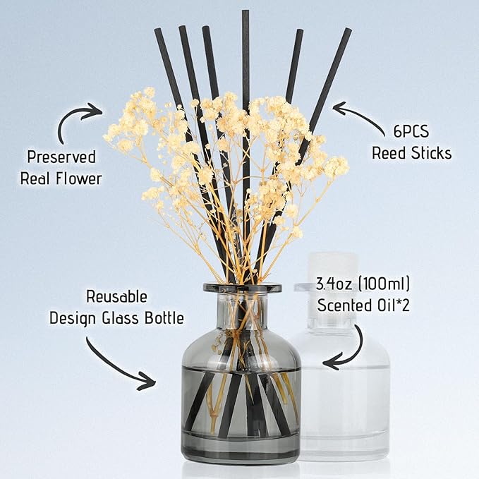 Brakula 2 Pack Reed Diffuser, White Jasmine + Lavender Eucalyptus (3.38 fl oz Each Pack), Home Fragrance with 12 Sticks, Shelf Decor, Reed diffusers for Home