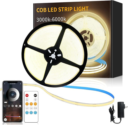 32.8ft COB LED Strip Lights 3000K Warm White Dimmable DC 24V Flexible LED Tape Light for Bedroom, with Remote and app Control LED Light Strip,for DIY Home Decoration