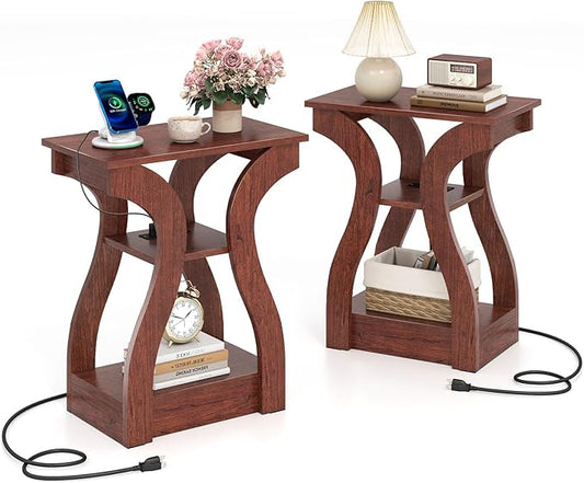 Giantex Narrow End Tables with Charging Station Set of 2, Wood Sofa Side Tables with Open Storage Shelves, Bedside Tables with USB Ports & Outlets, Vintage Nightstands for Living Room, Bedroom, Cherry