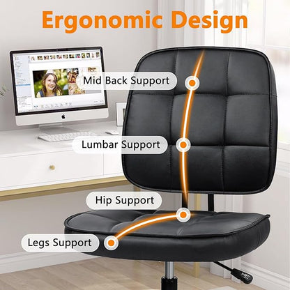 CLATINA Armless Home Office Chair with Lumbar Support and Wheels, Small PU Leather Ergonomic Low Back Desk Chairs No Arms, Adjustable Height 360° Swivel Rolling Computer Task Chair, Black