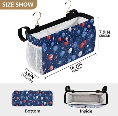 Bedside Caddy Hanging Bunk Bed Caddy Bed Organizer Hanging Pocket with 2 Hooks Bedside Storage Organizer Pocket Bag Holder Navy Blue Patriotic Balloons Fireworks