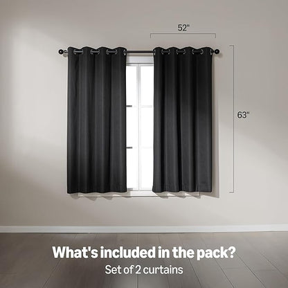 Amazon Basics Faux Linen Blackout Curtains for Bedroom and Living Room, 2-Piece Set with Grommets, 52" W x 63" L, Black