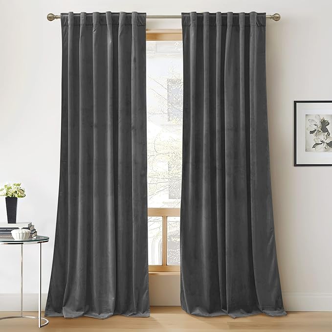 RYB HOME Grey Velvet Curtains 90 inches Long - Super Soft Blackout Curtains Thermal Insulated Drapes Back Tab Style for Bedroom Home Office, Wide 52 x Long 90, Grey, 2 Panels