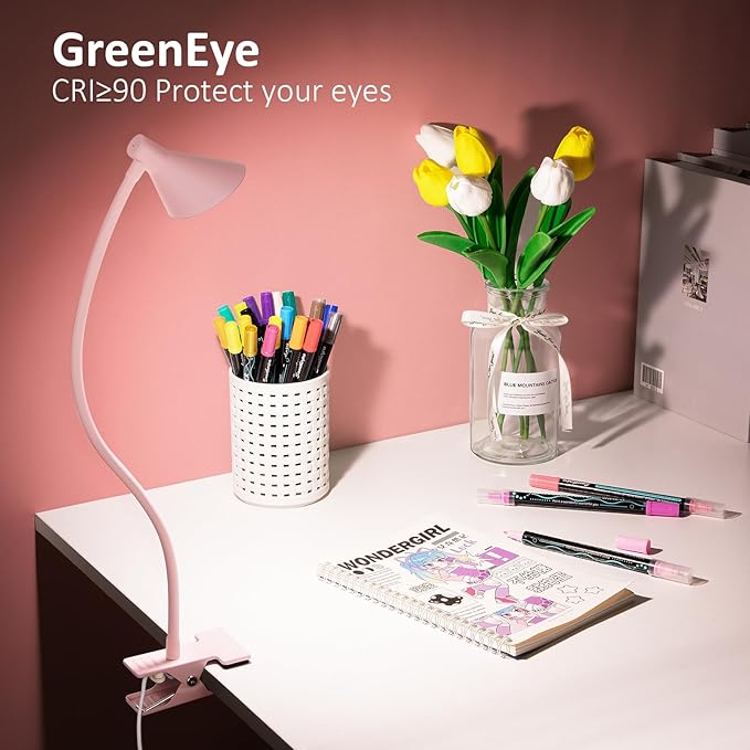 Pink Small Desk Lamp Clip on LED Reading Light for Bed, 3 Color Modes 10 Dimmable Brightness, Book in Bed Headboard, Flexible Neck Clamp BL08