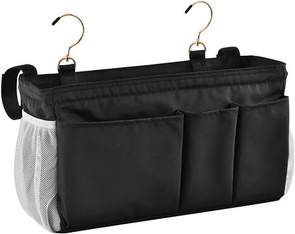 KOPIRIT Black Bedside Caddy Storage Bag Bedside Organizer for Bed Rails College Dorm Room Organizer Caddy Hanging Shelf 6 Pockets with Hooks for Drinks Magazine Phone Holder