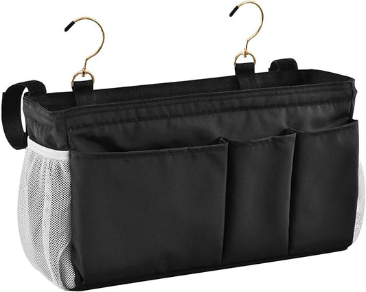 KOPIRIT Black Bedside Caddy Storage Bag Bedside Organizer for Bed Rails College Dorm Room Organizer Caddy Hanging Shelf 6 Pockets with Hooks for Drinks Magazine Phone Holder