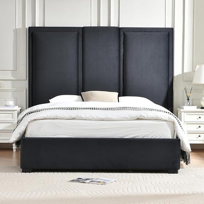 YUHUASHI Queen Size Bed Frame with 64-inch High Headboard, Simple and Airy Linen Upholstered Platform Bed with Storage Drawers, Wood Slat, No Noise (Ink Blue, Queen)