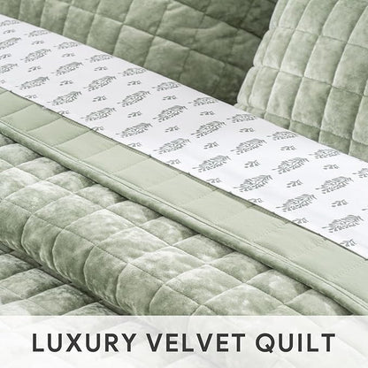 RECYCO Luxury Velvet Quilt Set Full Queen Size Bedding Sets, Ultra Soft Velvet Comforter Set, Lightweight Channel Box Stitch Oversized Bedspread Coverlet for All Season, with 2 Shams, Sage Green