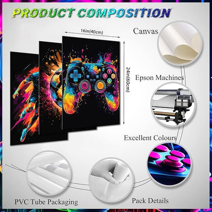 Canvas Wall Art Poster Decor, Paintings Art Game Controller Color Splash Ink Canvas Painting, Posters for Room Aesthetic, Soccer Wall Art for Boys Room Decor 16x24 - Unframed Set of 3