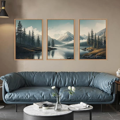 LHIUEM Large Mountain Misty Forest Framed Canvas Wall Art,Nature Ridge Foggy Wall Decor,Snow Lake Woodland Wall Painting,Pine Tree Artwork for Living Room,Bedroom,Dining Room,Office -24"x36"x3