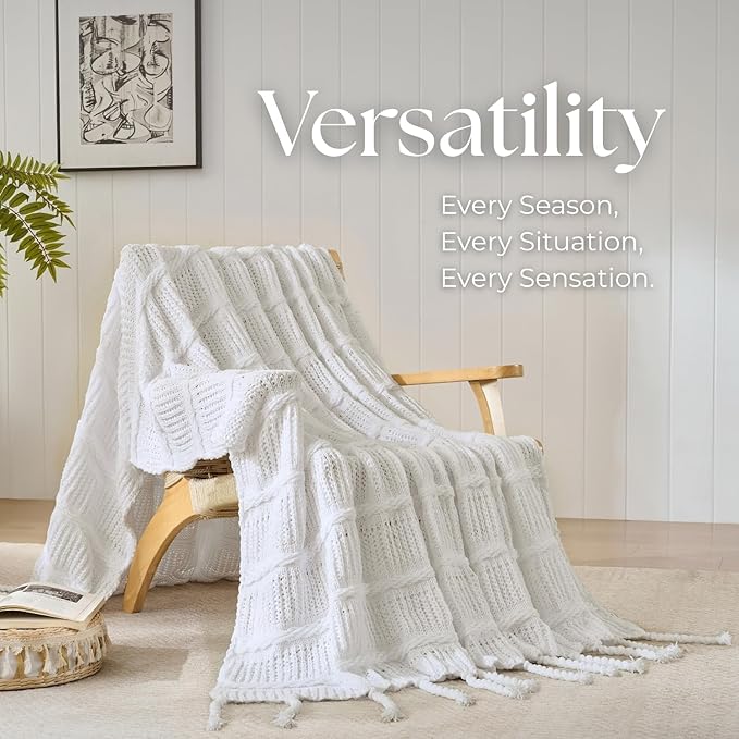 Boho Knitted Chenille Blanket with Tassels - Lightweight & Soft All-Season Throw - 3D Classic Pattern for Living Room Bedroom Couch, Cloud White, Twin 60"x80"