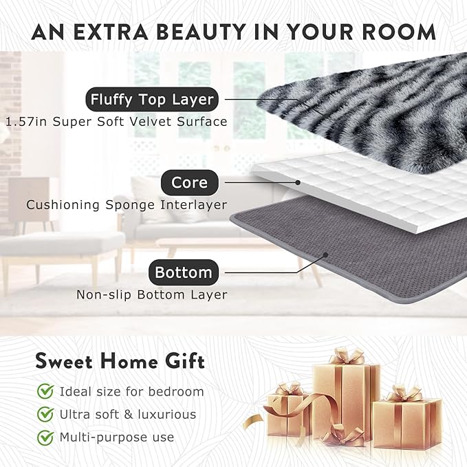 Fluffy Rugs for Living Room, 6x9 Ft Zebra Black and White Area Rug, Soft Large Shag Rugs for Bedroom Dorm Kids Room Nursery, Non-Slip Modern Fuzzy Plush Carpet for Indoor Home Decor