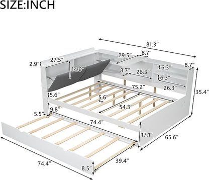 Ball & Cast Full Size Wooden Storage Daybed Frame, Modern Platform Bed with Trundle & Flip Headboard & Shelves, L Shaped Full Floor-Bed w/Upholstered Headboard&Storage, No Box Spring Needed, White
